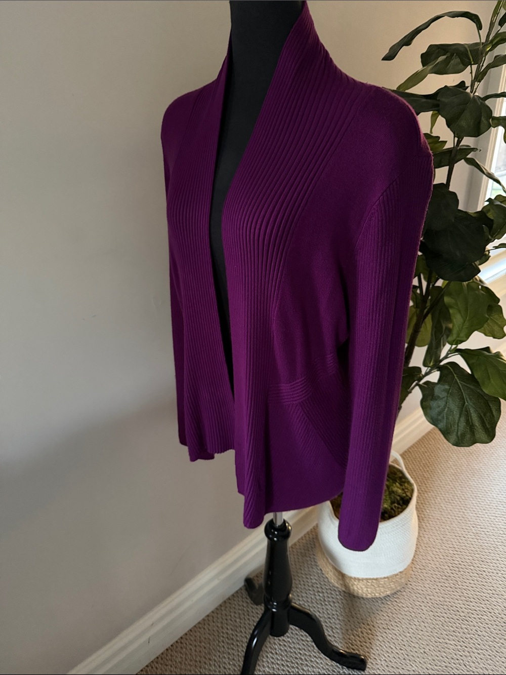 TAN JAY PETITE PURPLE OPEN FRONT RIBBED CARDIGAN SWEATER
